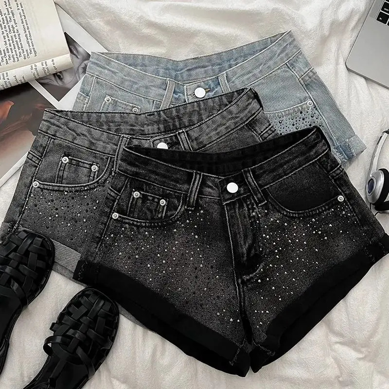 25 Retro Womens Shorts n Diamond High Waist Slim Denim Shorts Curled Wide Leg Pants for Women Ropa De Mujer 250212
