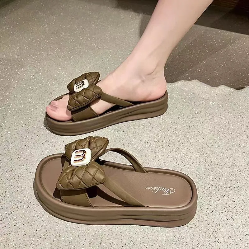 Women summer new open toe thick bottom outdoor flip butterfly bow beach white casual slippers zhanyishengli