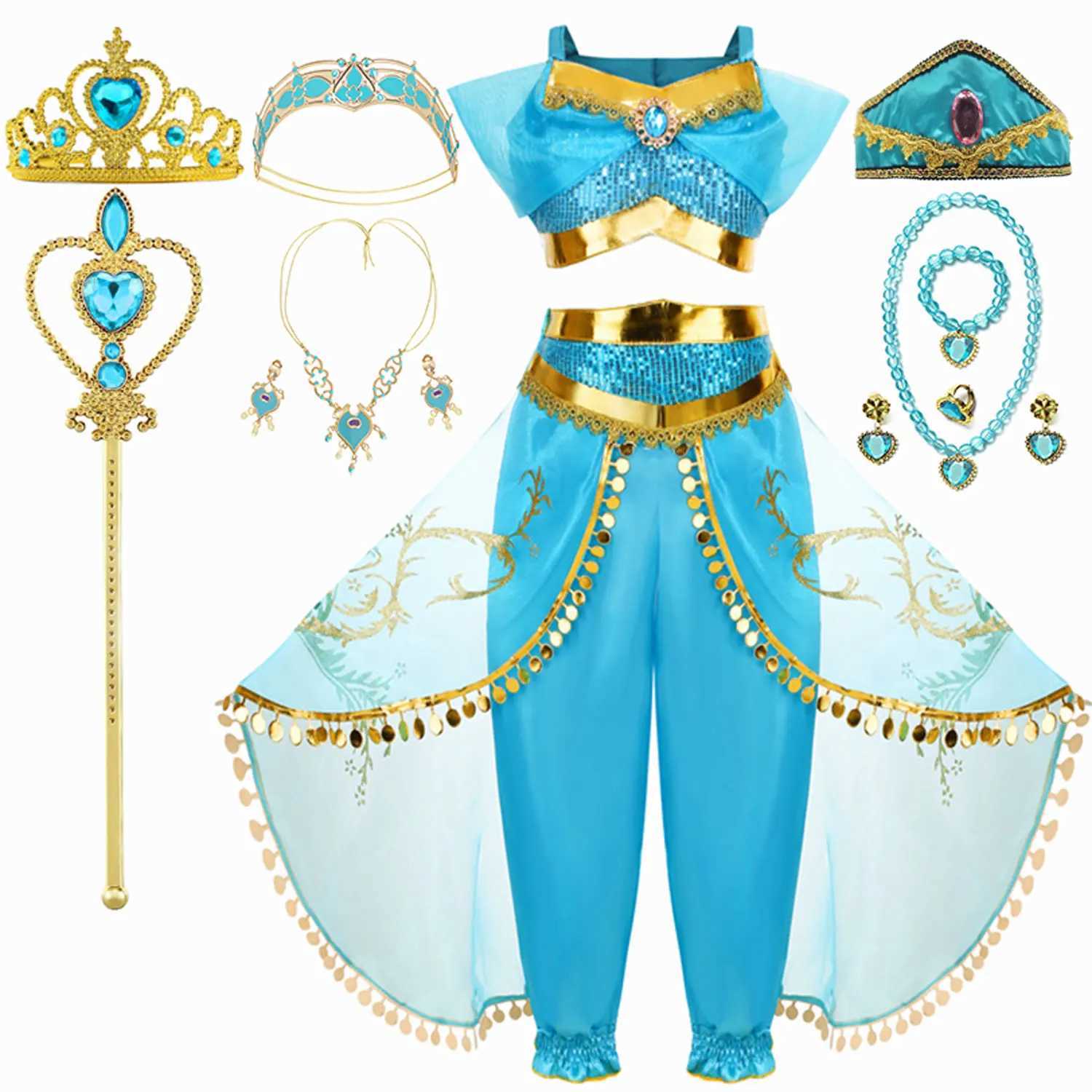 Jasmine Girls Princess Dress Birthday Par Halloween Cosplay Aladdin Magic Lamp Costume for 2-12 Years Old Kids VestidosXJ250117