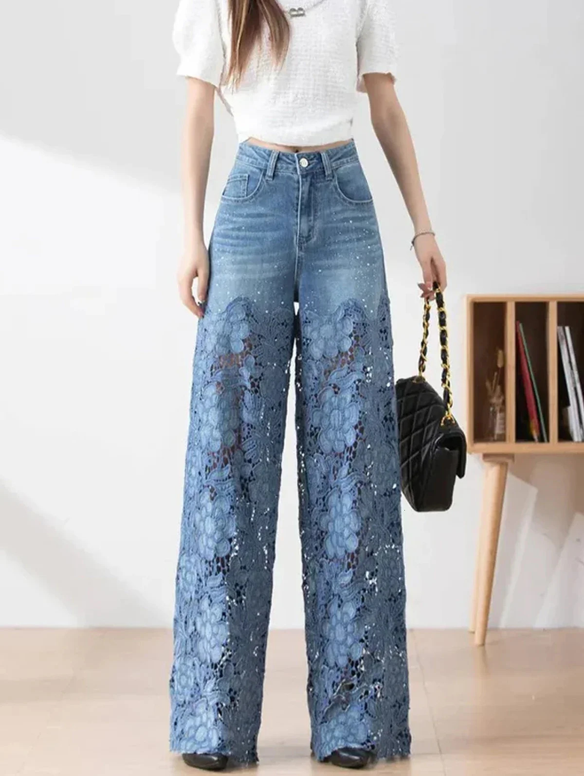 2025 Summer Fashionable High -Waisted WomenS Jeans Lace Rhinestone Patchwork Sexy Hollow Ladies Casual Loose Straight Jeans 250212