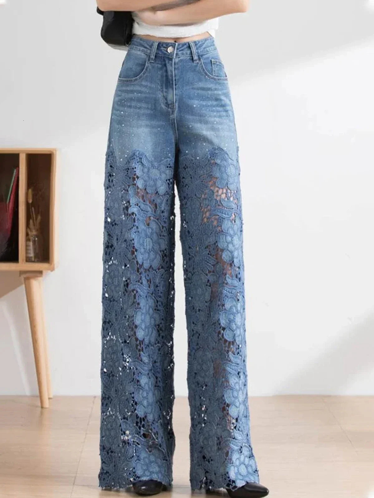 2025 Summer Fashionable High -Waisted WomenS Jeans Lace Rhinestone Patchwork Sexy Hollow Ladies Casual Loose Straight Jeans 250212