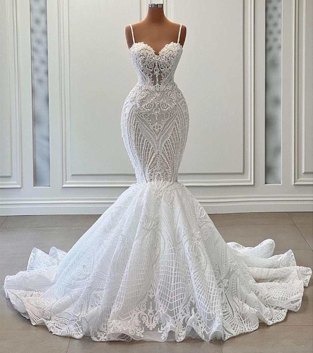 Mermaid Wedding Dress with Spaghetti Straps, Ruffled Lace Tulle Train, Pearls & Beads, or Length, Plus Size, Romantic Bridal Gown