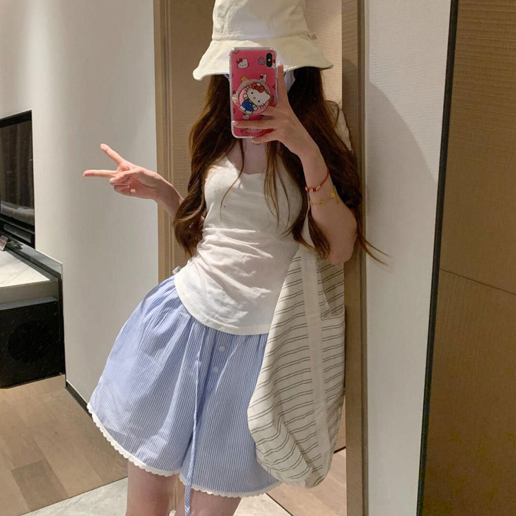 American Blue Striped Casual Shorts For Women's Summer Fashion High Waisted Drawstring Breathable Quick Drying Sweet And Spicy Sexy Sports Wide L