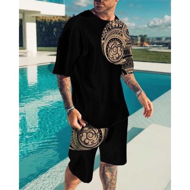 Mens Summer T-shirt Set 3D Printed Plant Tree Pattern Round Neck Beach Shorts Fashionable Men W250212