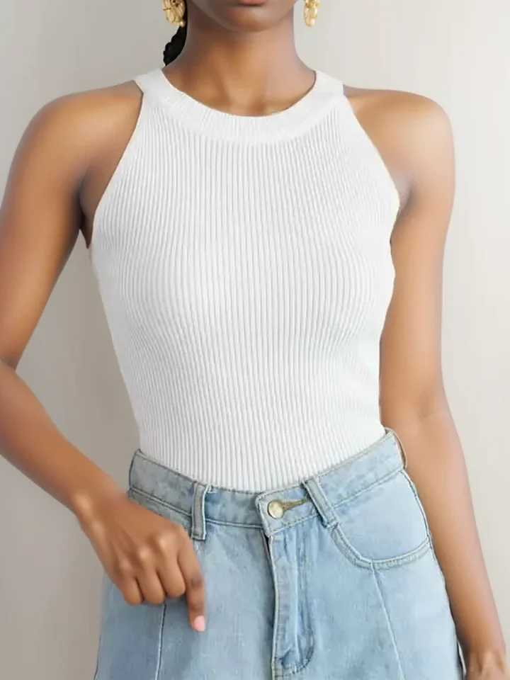 ITOOLIN New Women Tank Top Knit Off Shoulder Sexy Round Neck T-Shirt Womens Solid Color Halter Camisole 2024 SummerXJ250212