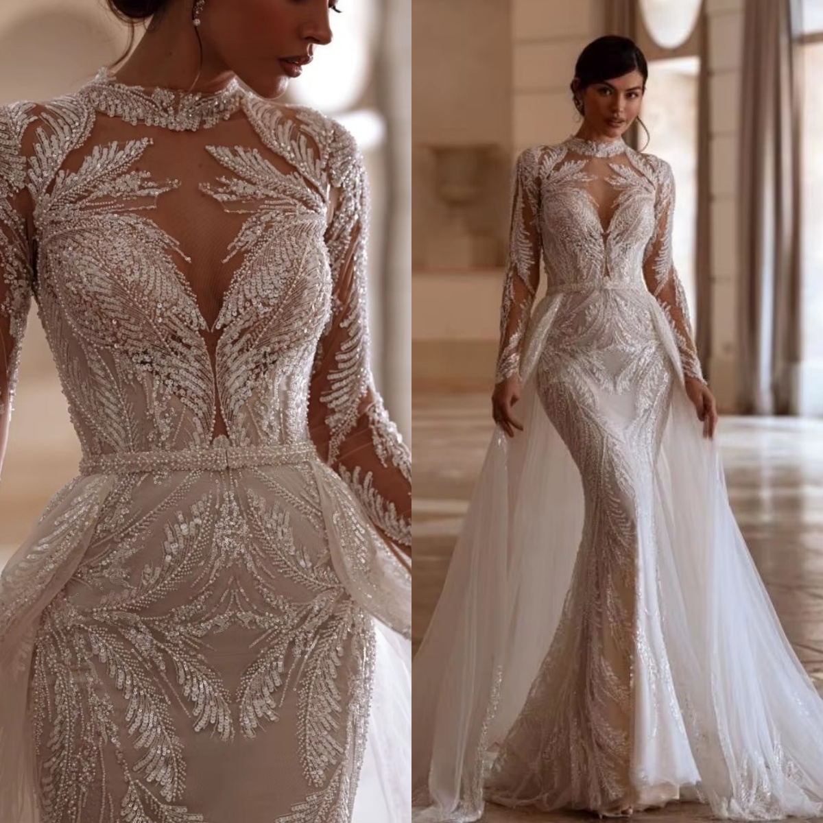 Sparkly Beading Sequins Wedding Dresses Mermaid Bridal Gowns with Overskirts Long Sleeves Customized Princess Sweep Train Bride Dress Vestidos De Novi