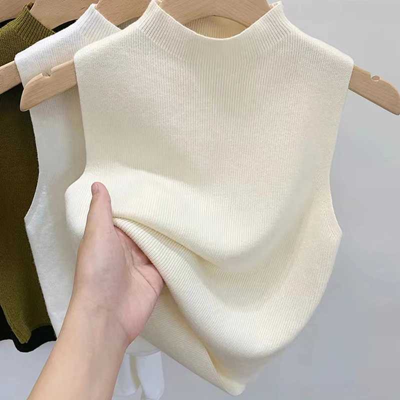 Fashion Half Turtleneck Knitted Tank Top Half High Neck Bottom Shirt Summer Women Casual Solid Color Sveless VestXJ250212