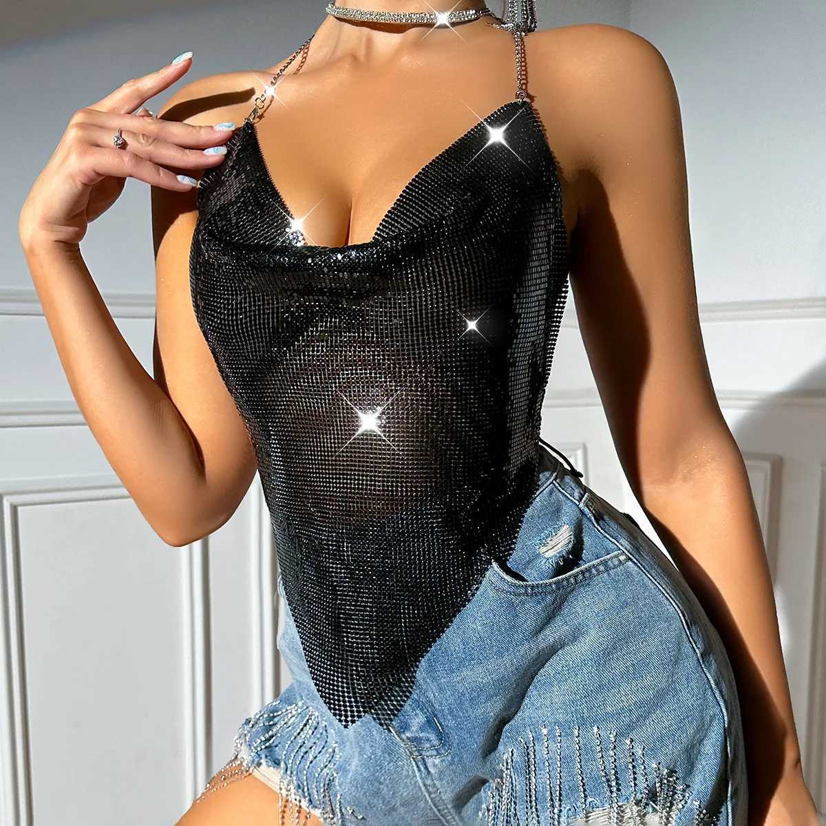 Women Sexy Metal Sequined Tank Camis Summer Backless Glitter Beach Club Show Wear Tank Top Nightclub Party Chain TopXJ250212