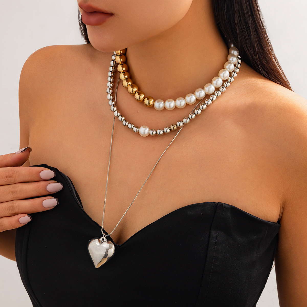 designer Fashion Jewelry Style Love Pendant French Round Pearl Bead Woman Necklace Set