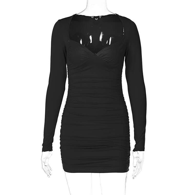 European and American women's spring deep V strapless long sleeved slim pleated fashionable dress manufacturer wholesale 2025 new style temperame