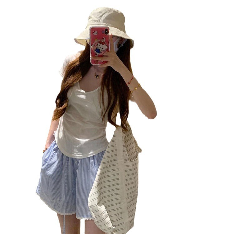 American Blue Striped Casual Shorts For Women's Summer Fashion High Waisted Drawstring Breathable Quick Drying Sweet And Spicy Sexy Sports Wide L