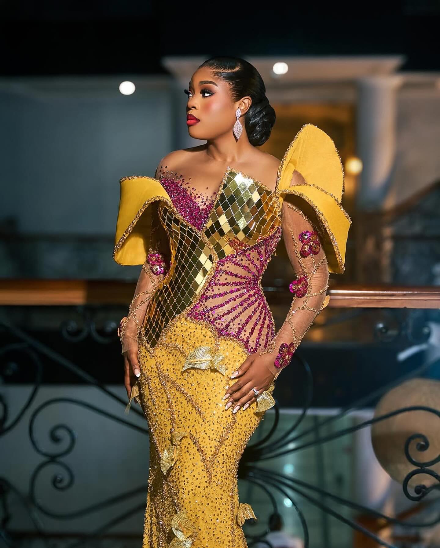 Aso Ebi 2025 Gold Mermaid Prom Dresses Crystals Beaded Florals Sequined Luxurious Evening Formal Party Second Reception Birthday Gowns Dress For Speci