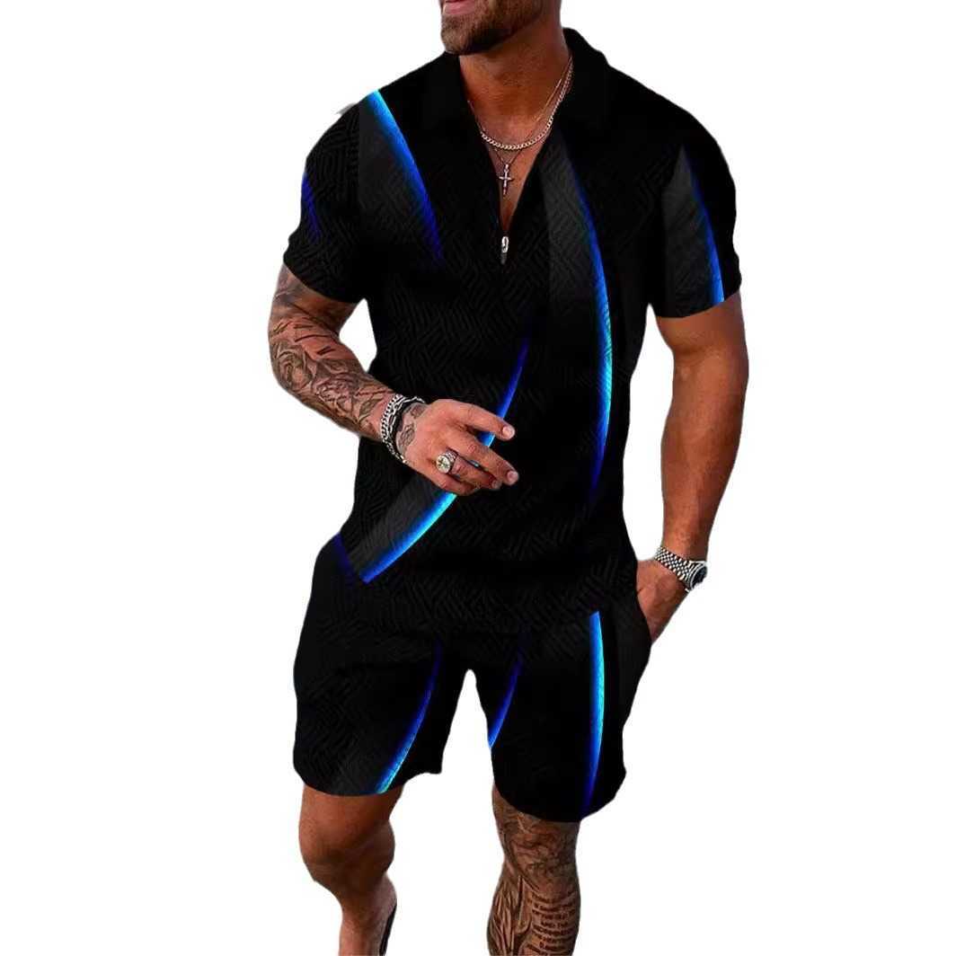 Summer 3D digital printing set for mens casual polo shirt set W250212