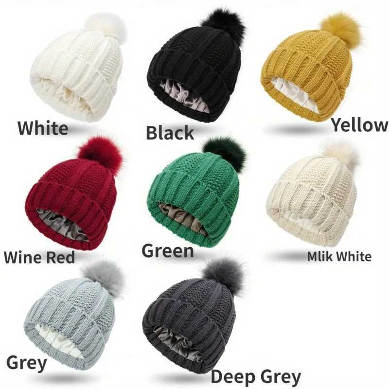 Soft Satin Li Beanie With P Solid Color Knit Hats Breathable Cuffed Beanies Elastic Skl CapForWen Girls Autumn Winter X250212