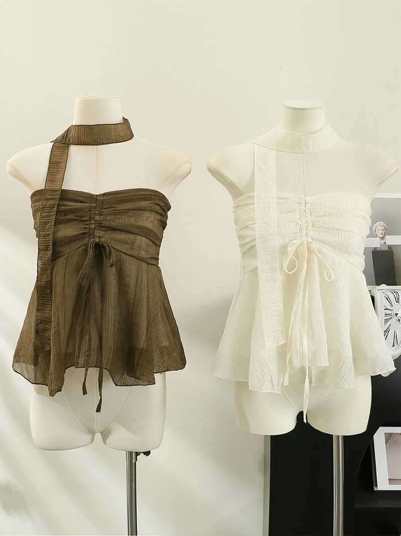 Sexy Tank Top for Women Spaghetti Strap Exposed Shoulders Camisole Fe Korean Style Solid Sveless Camis Summer DropshipXJ250212
