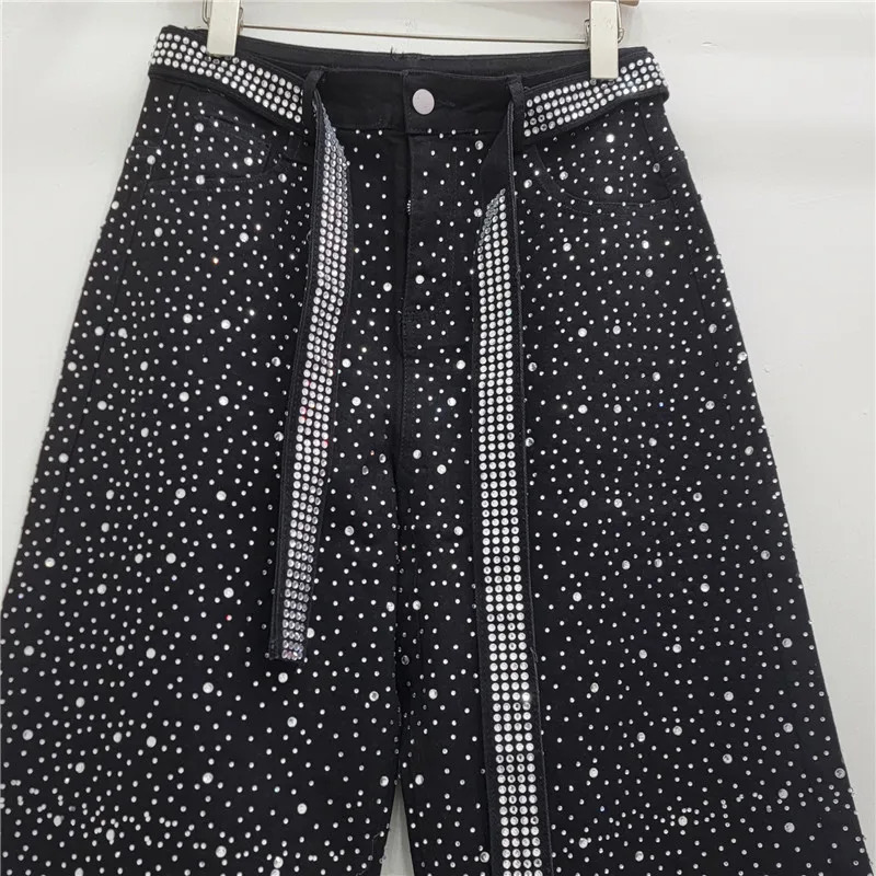 YUERWANG Women Jeans 2025 Spring Vintage Rhinestone Belt Wide Leg Jeans Fashionable All Match Loose Casual Long Denim Pants 250212