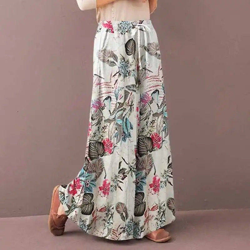 Women Floral Print Wide Leg Pants Spring Autumn Fashion Drawstring Bohemia Trousers Ladies Casual Loose Elastic Waist Pantalon 250211