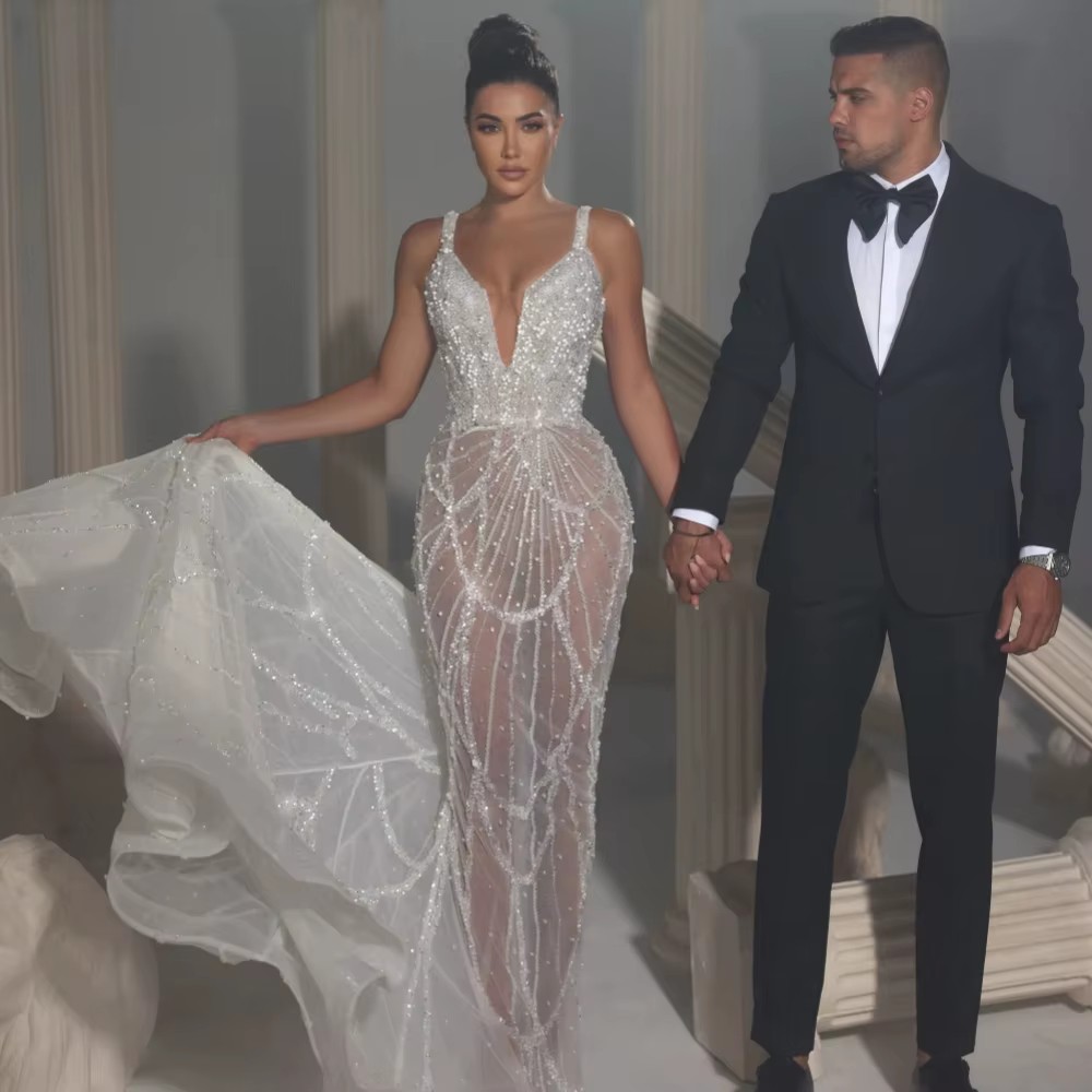 Sexy Mermaid Wedding Dress V Neck Sleeveless Bridal Gowns Sequins Backless See Through Detachable Train Dresses Custom Made vestidos de novia