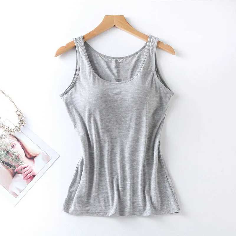 2023 Womens Vest Tops with Built In Bra Neck Vest Solid Color Padded Slim Fit Tank Tops Sexy Shirts Feminino Casual Tank TopsXJ250212