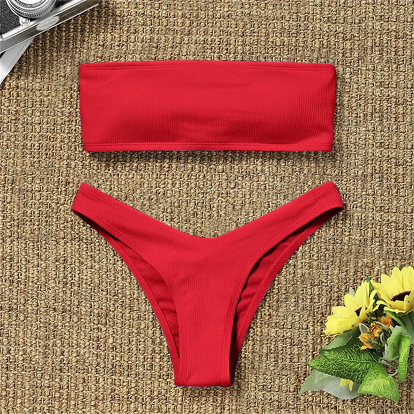 Sexy Bandeau Micro Bikini Set Women Swimwear Ribbed Solid Thong Biquini Swimsuit Strapless Beachwear Bathing Suit 2025 250211Z