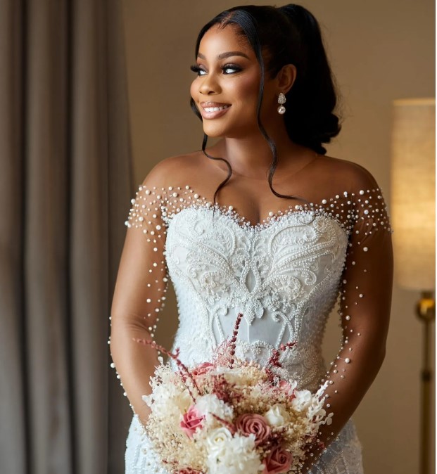 African Aso Ebi 2025 Off White Mermaid Wedding Dress Sheer Neck Full Sleeves Beaded Pearls Vintage Elegant Bridal Gowns Dresses BC20203 0212