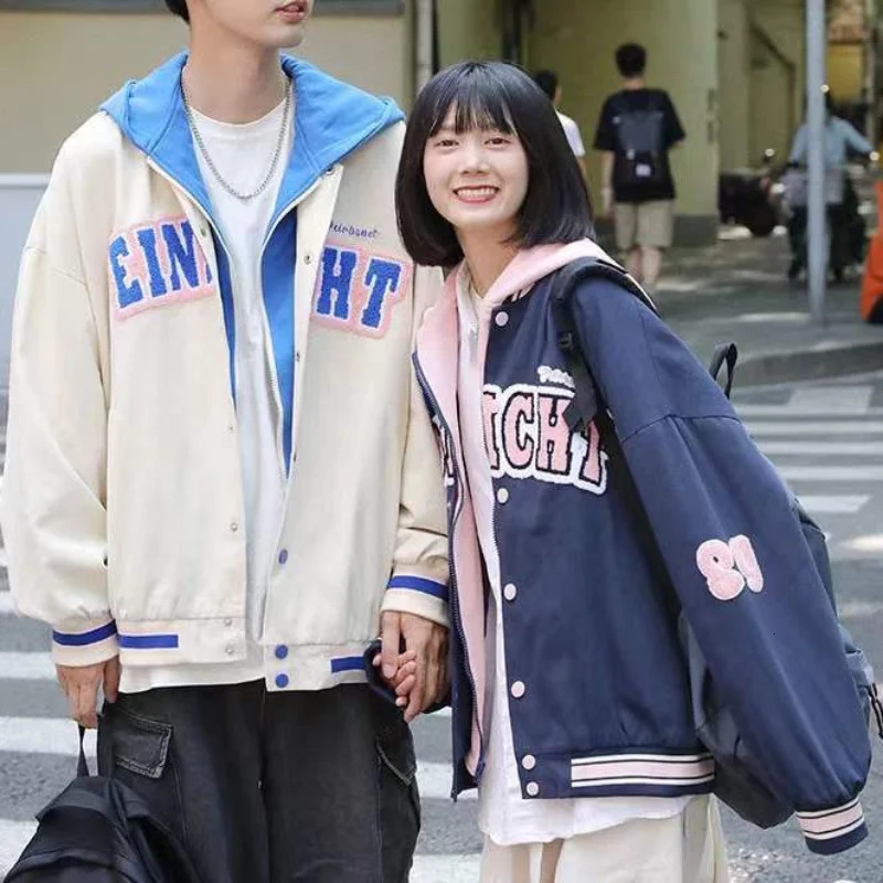 American retro letter embroidery jackets coats womens street casual trend hooded baseball uniform couple loose jacket 250116