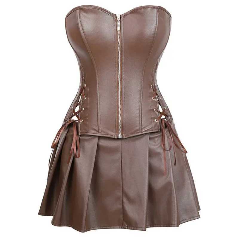 Women Punk Dresses Zipper Gothic PU Leather Corset Top PU Leather Corset Mini Skirt Sexy Ladies Eyelet Lace Up Pleated DressXJ250212