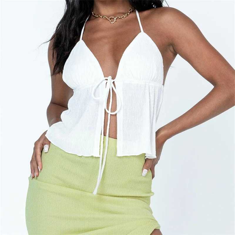 Women Y2k Front Tie Crop Tops Halter Neck Flowy Plisse Summer Going Out Top Sexy Split Sveless Cami Shirt StreetwearXJ250212