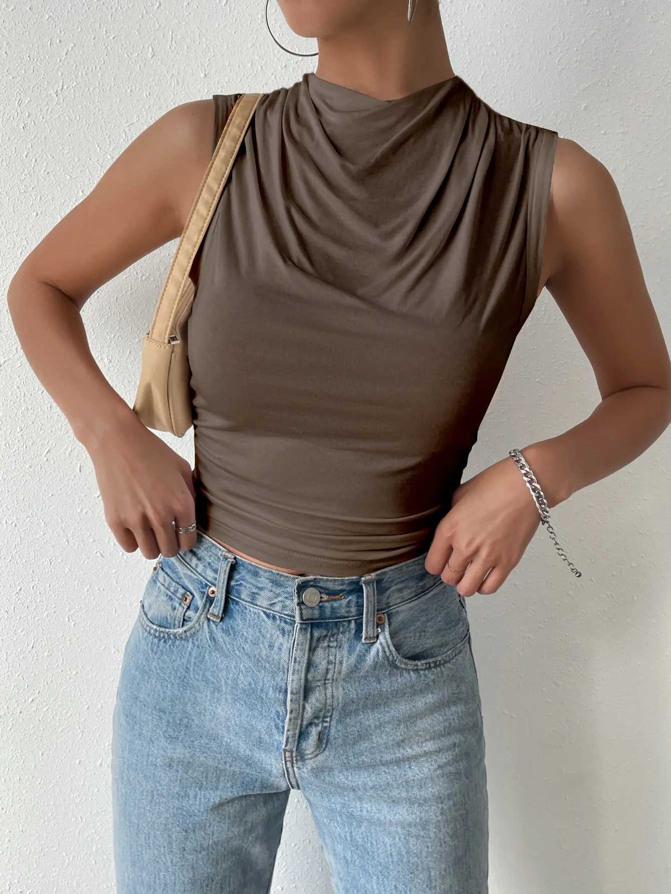 Womens Casual Pleated Design Top Summer Fashion Street Style Solid Color Slim Half High Neck Sveless T-Shirt TopXJ250212