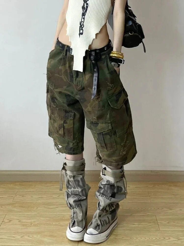Women Short Jeans Green Camouflage American Vintage Y2K Straight Streetwear Wide Leg Pants High Waist Female Summer Denim Shorts 250212
