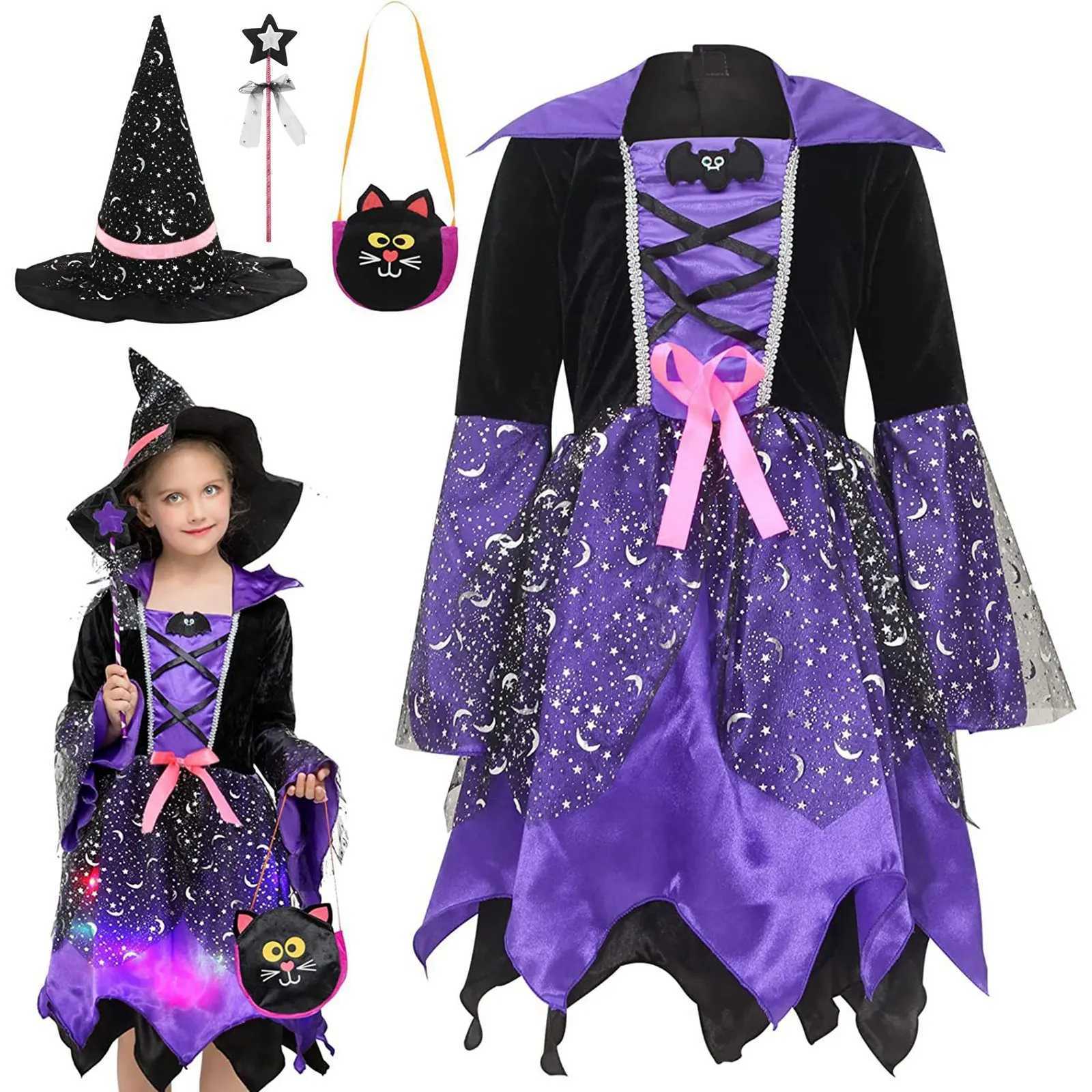 Kids Halloween Apparel Horror Dress Witch Costume with Hat Wand Girl Carnival Black Magic Villain Wizard Vampire Cosplay GownXJ250117