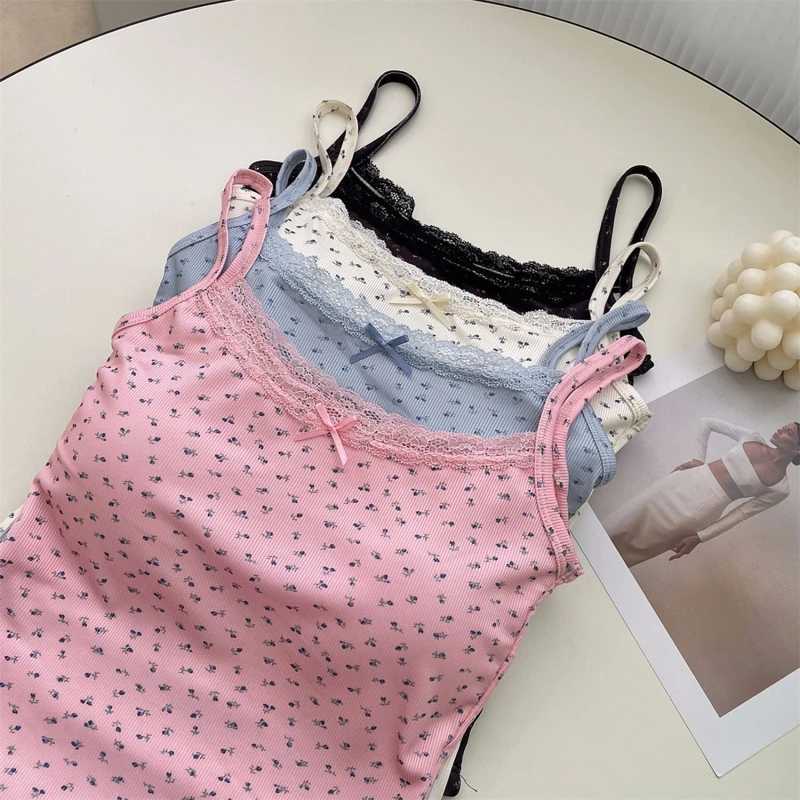 Summer Print Crop Tops for Women Bow Lace Camisole Sexy Backless Vest with Padded Basic Tank Top Bm Style Camis Y2k StreetwearXJ250212