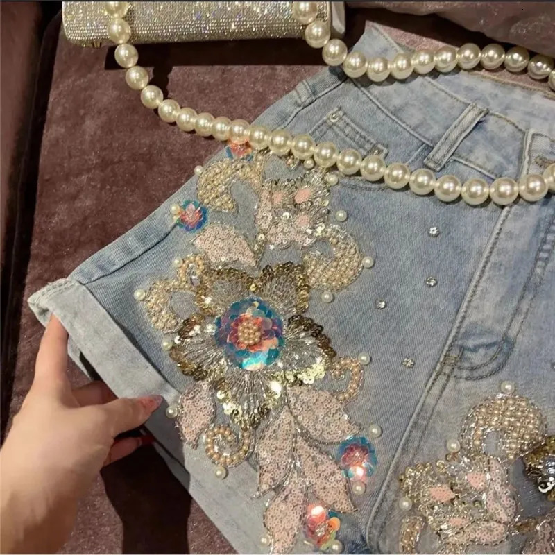 Limiguyue Summer High Quality Sequined Denim Shorts Wide Legs Diamond Jeans Pearl 3D Flowers Diamonds Short Pants Cow 062P 250212
