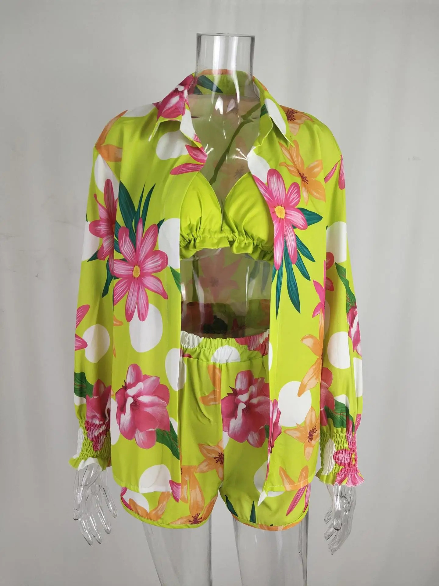 3 Piece Stes 2024 Sexy Floral Leaf Printed Halter shirtshorts Three Pieces Sets Clothing GHH9068 250211Z