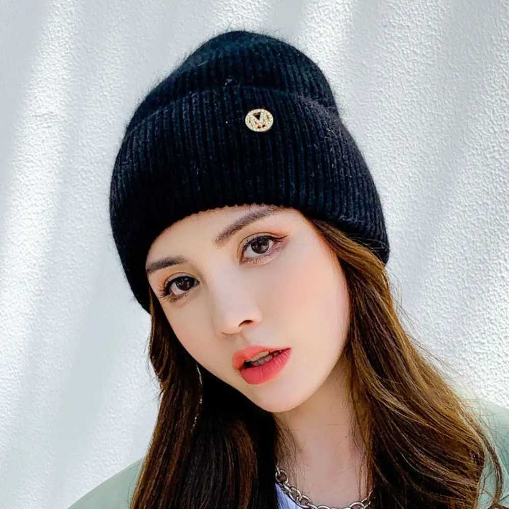 Plush Wen Winter Hat Simple Windproof Thick Warm Rabbit Fur Knitted Hat Pure Color Sklies Beanies X250212