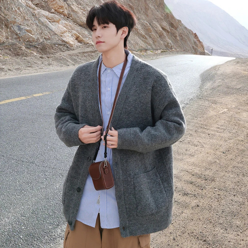 Autumn Y2K Vintage Knitted Cardigan Sweater Mens Single-breasted V-neck knit Jacket Casual Streetwear Knitwear mens 250211