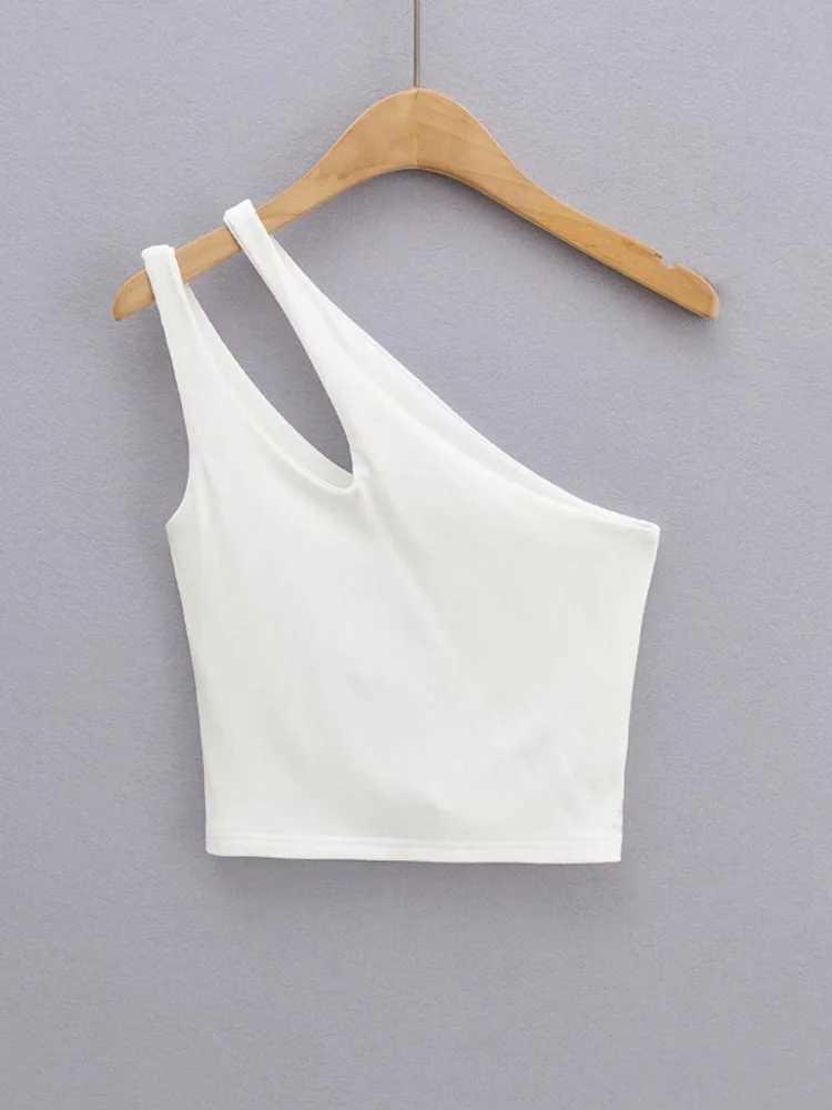 2024 Sexy Womens Crop Top Solid Stretch Fit Knit Sveless One Shoulder Hollow Out Basic Backless Tank TopXJ250212