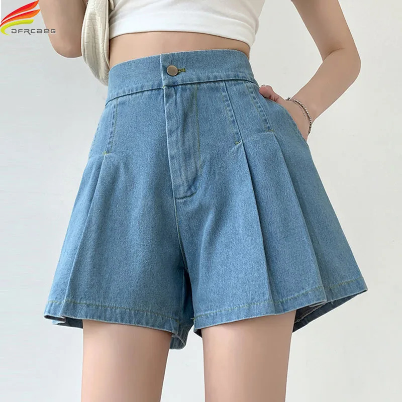 DFRCAEG Summer Plus Size Denim Shorts For Women High Elastic Waist Blue Or Sky Blue Pleated Mini Large Size Short Femme 250212