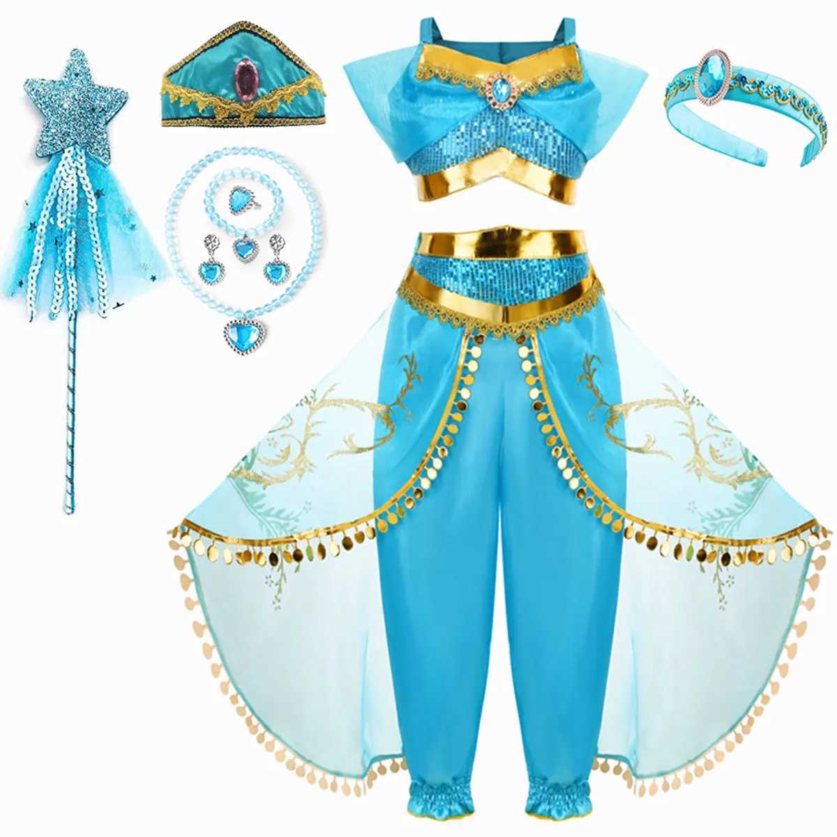Jasmine Girls Princess Dress Birthday Par Halloween Cosplay Aladdin Magic Lamp Costume for 2-12 Years Old Kids VestidosXJ250117