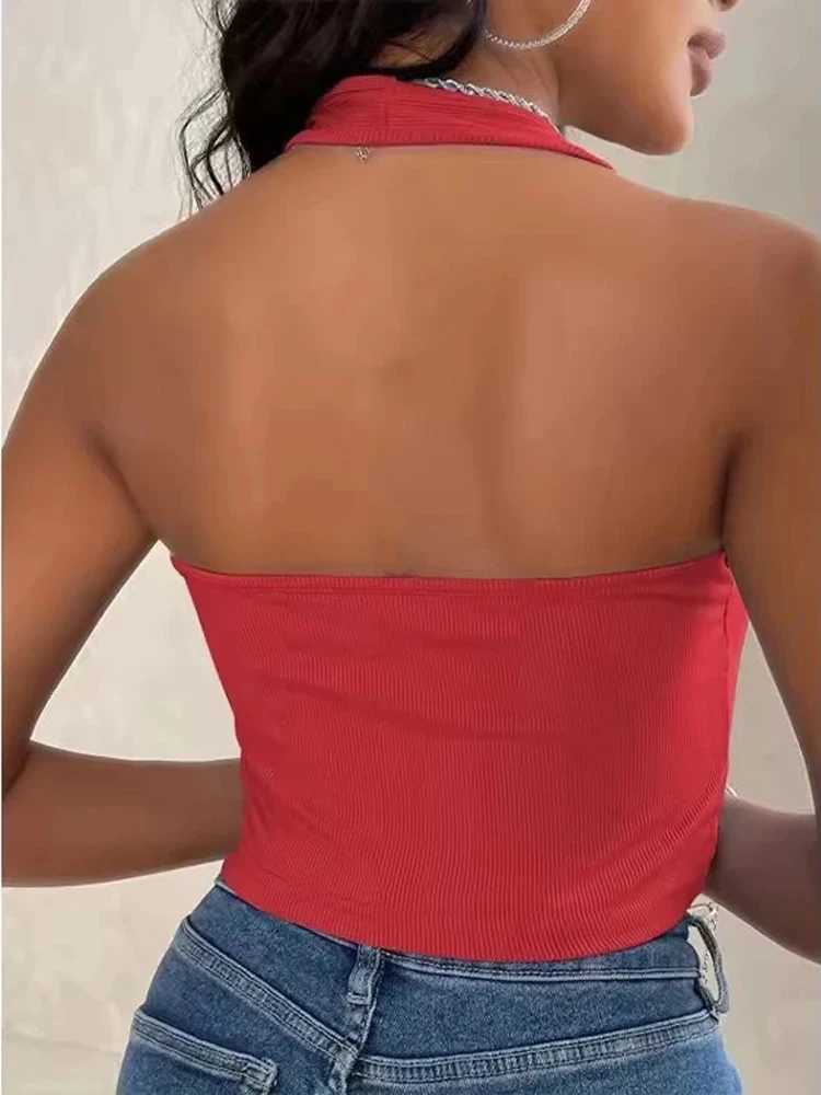 Womens Sveless Vest Ribbed Knit Top Halter Neck Summer Basic Red Casual Sports Vest Off Shoulder Ladies Vest Casual SexyXJ250212