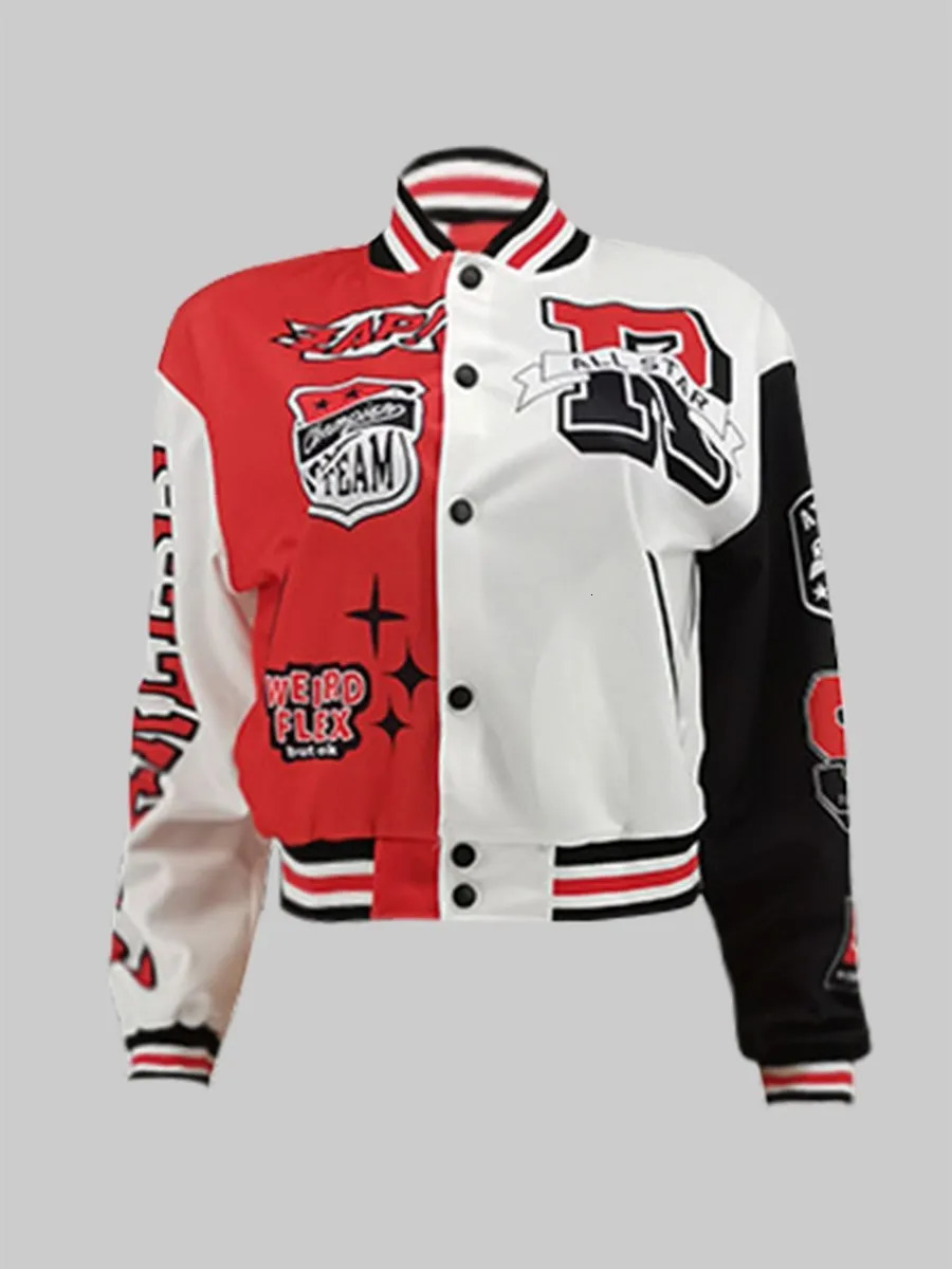 LW Baseball Collar Letter Print Varsity Jacket Appliques Casual Patchwork Button Up Color-block Autumn Winter Women Outwear 250212