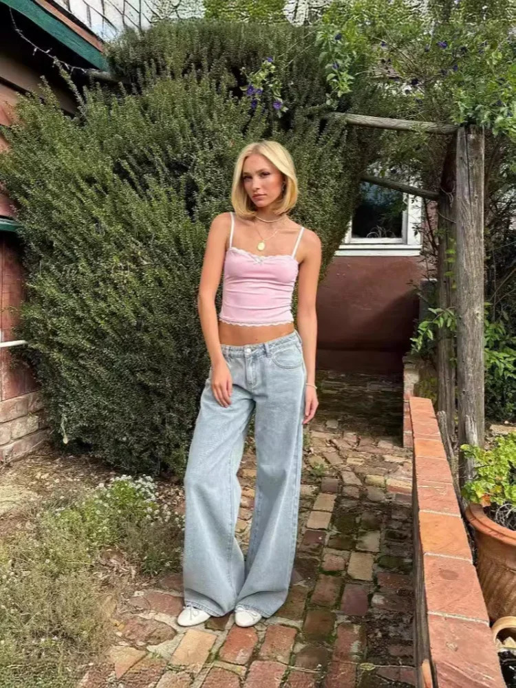 ZOENOVA Bow Embroidery Blue Jeans For Women High Quality High Waist American Wide Leg Pants Y2k Vintage Straight Summer Trousers 250212