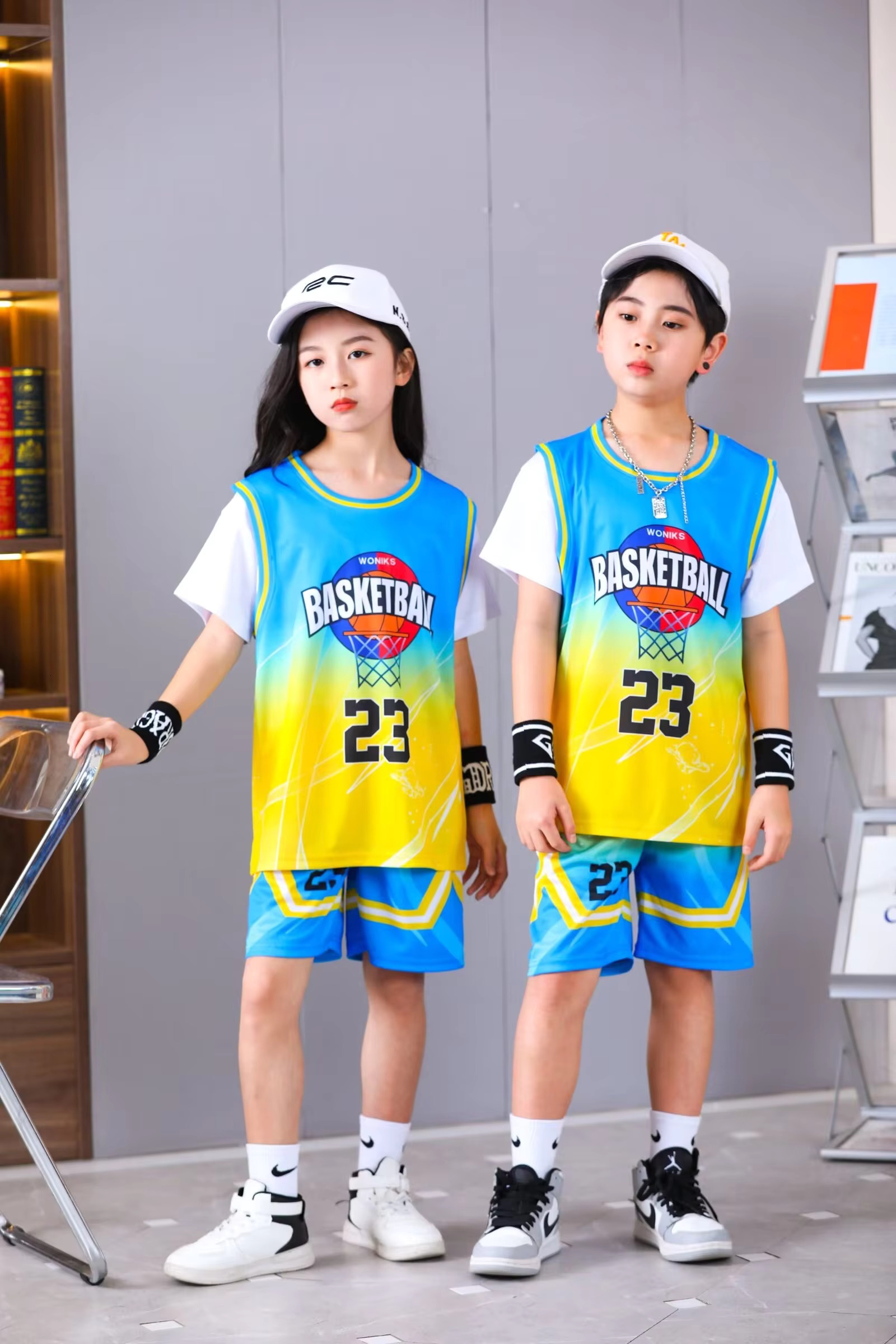 American Children's Clothing Suit Quick-Drying Sweat-Absorbent Boys Girls No.23 Basketball Jerseys Fake Two-Piece Uniform Kit Pr