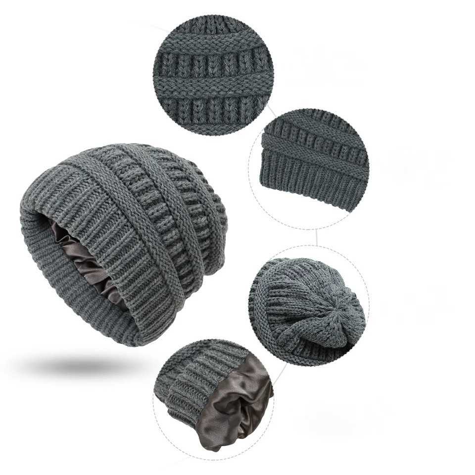 2022 Fashion New 9 Wens Winter Warm Knitted Hat Satin Silk Li Cable Knit Beanie Chunky Slouchy Skl Cap X250212
