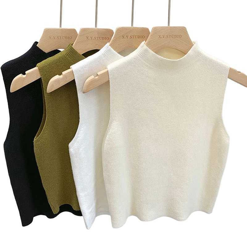 Fashion Half Turtleneck Knitted Tank Top Half High Neck Bottom Shirt Summer Women Casual Solid Color Sveless VestXJ250212