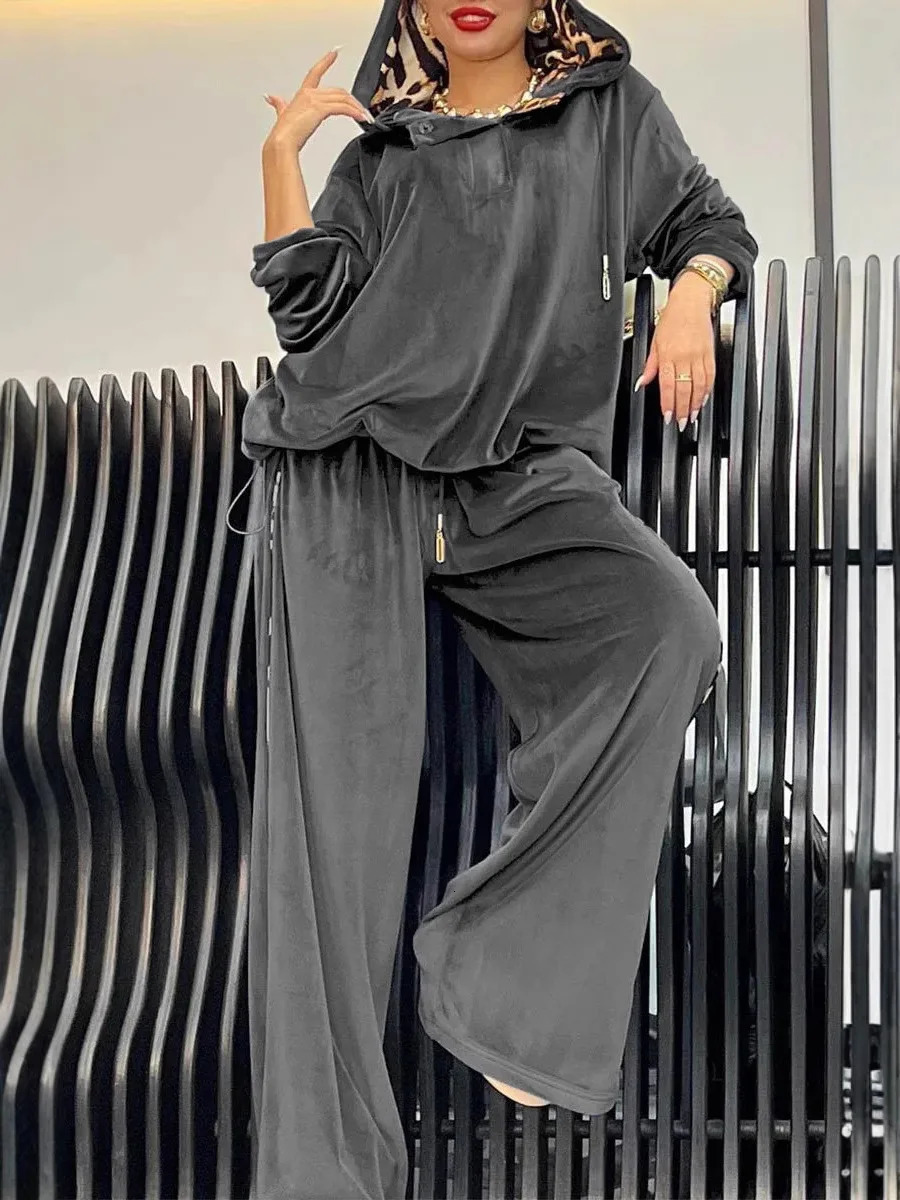 Women Autumn Winter Trouser Set Pants Set Solid Color Hooded Wide-leg Pants High Waist Casual Warm Fashion Comfortable Regular 250207