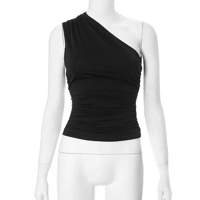 CUTENOVA Solid Color One Shoulder Backless Shrink Tank Top T-Shirt Candy Color Tight Sexy Sveless Neckless Slim Casaul TopXJ250212