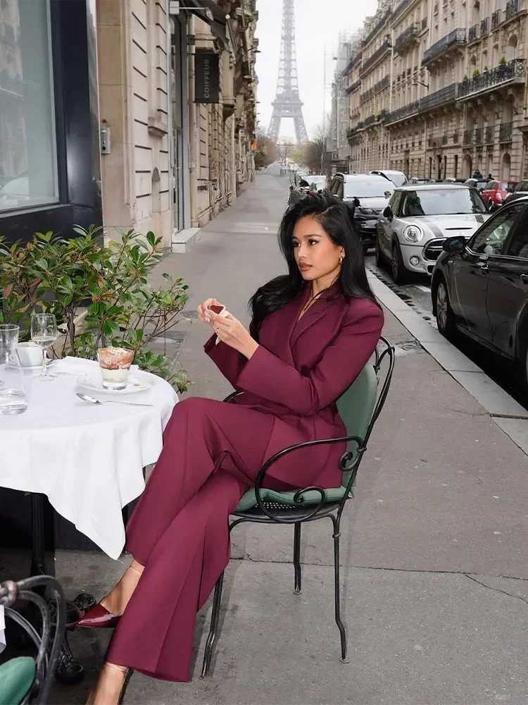 Fashion Women Wine Red Lapel Suits Jacket Long Pants Casual Loose 2 Pieces Sets Spring Chic Lady Office Commute Streetwear 250207
