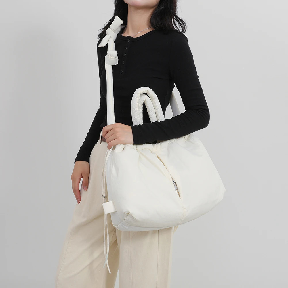 Casual Large Capacity Puffer Tote Bag Padded Nylon Women Handbags Knotted Strap Shouder Crossbody Bags Winter Warm Sac 250207
