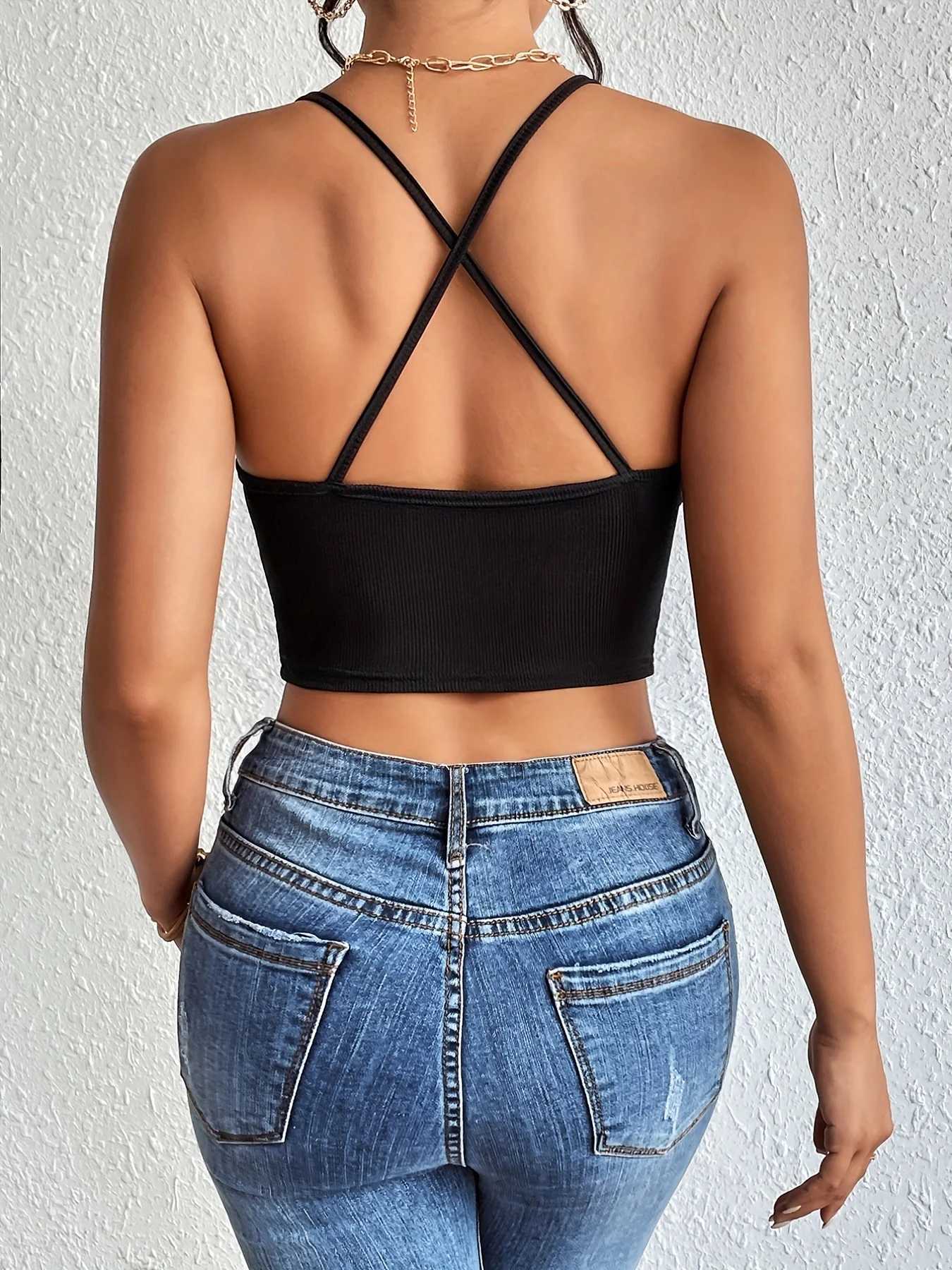 Chic Halter Neck Crop Top-Backless Criss Cross Detail-Perfect for Summer OutingsXJ250212